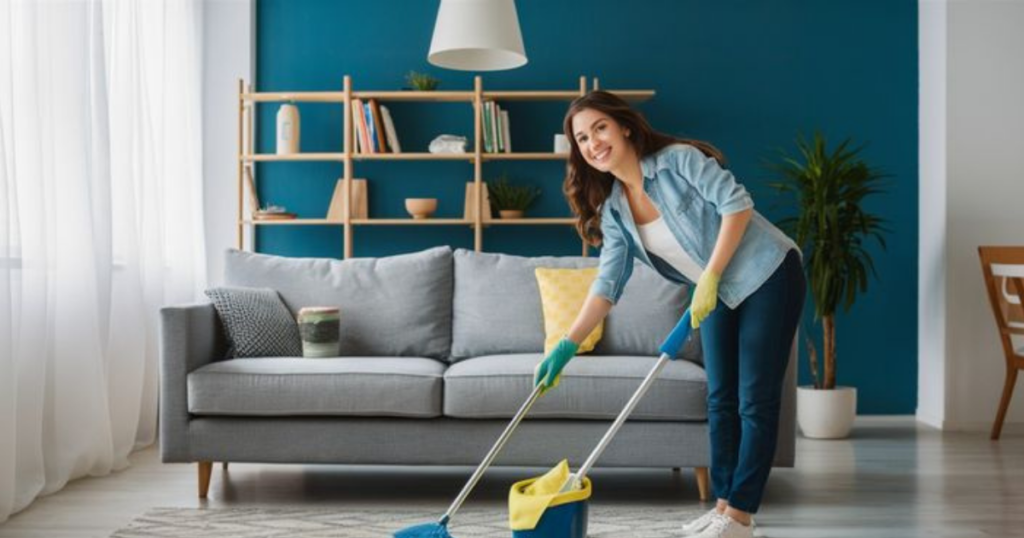 Woman mopping the floor in a modern living room with a gray sofa, bookshelf, and bright natural light.