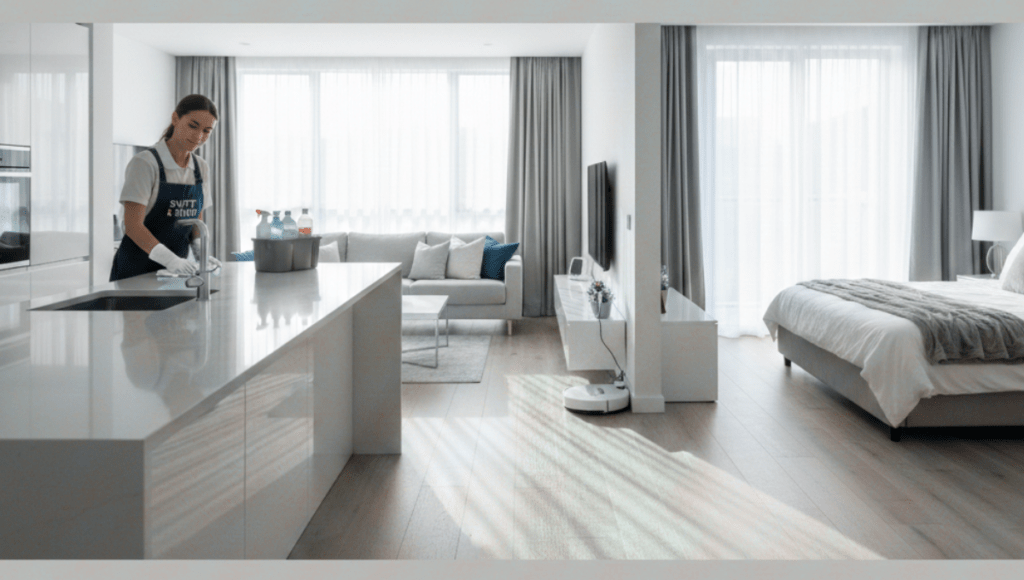 A professional house cleaner applying the 80/20 rule by cleaning a modern kitchen island and a tidy bedroom, shown in a wide panorama style.